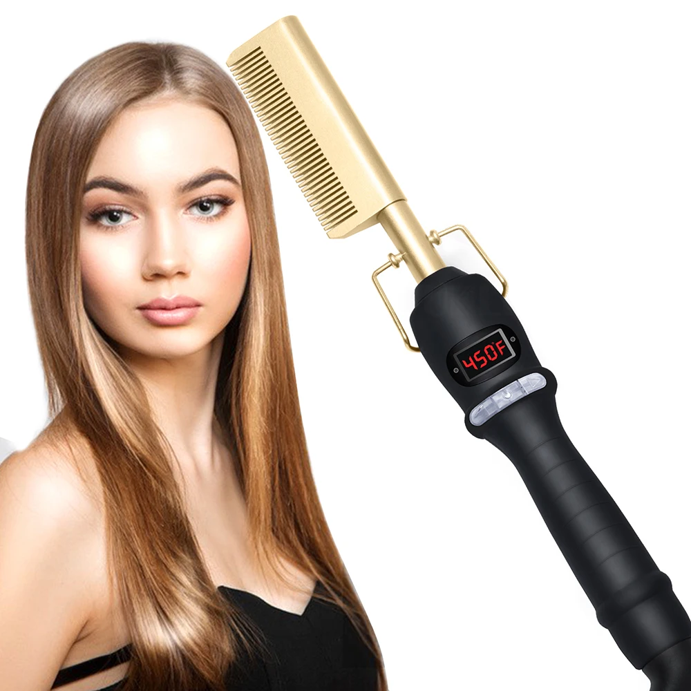 

Hot Comb Straightener for Wigs Ceramic Hair Straightener Brush Heating Comb 2 In 1 Flat Iron Hair Straightening Curling Iron