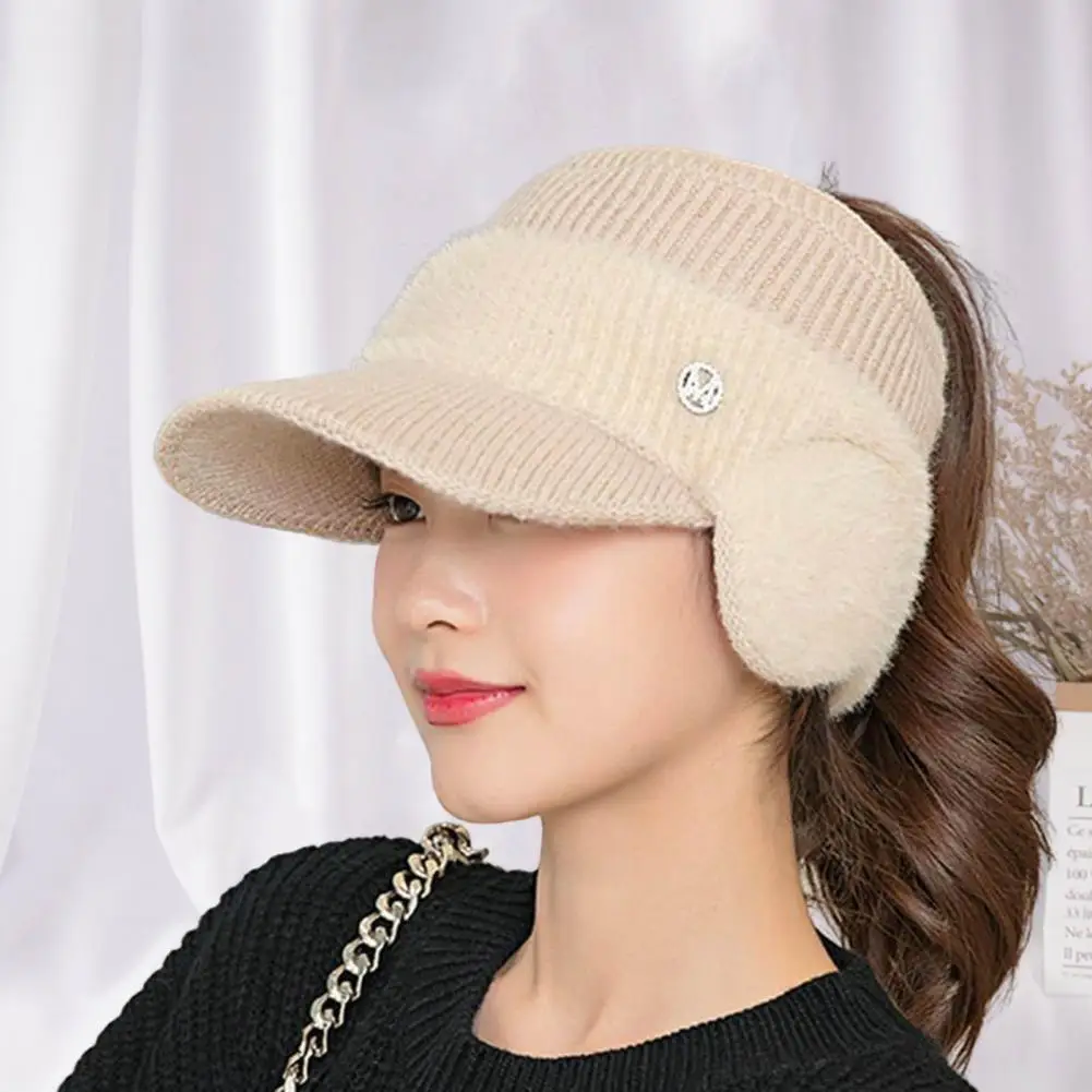 

Ponytail Hat Short Brim Sweet Women Baseball Hat Sunscreen Knitted Earflap Hat