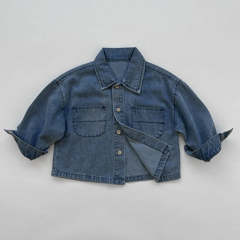 

Джинсовая куртка для детей от 0 до 6 лет, куртка в иностранном стиле для мальчиков и девочек на весну и осень, джинсовая куртка с отложным воро...