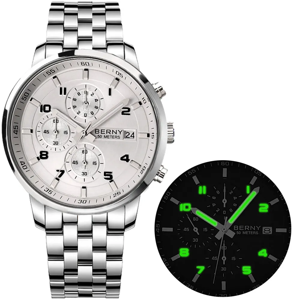 

BERNY Watch for Men Multifunction Chronograph Sports Quartz Wristwatch Stainless Steel Waterproof Easy Read Dial Luminous Clock