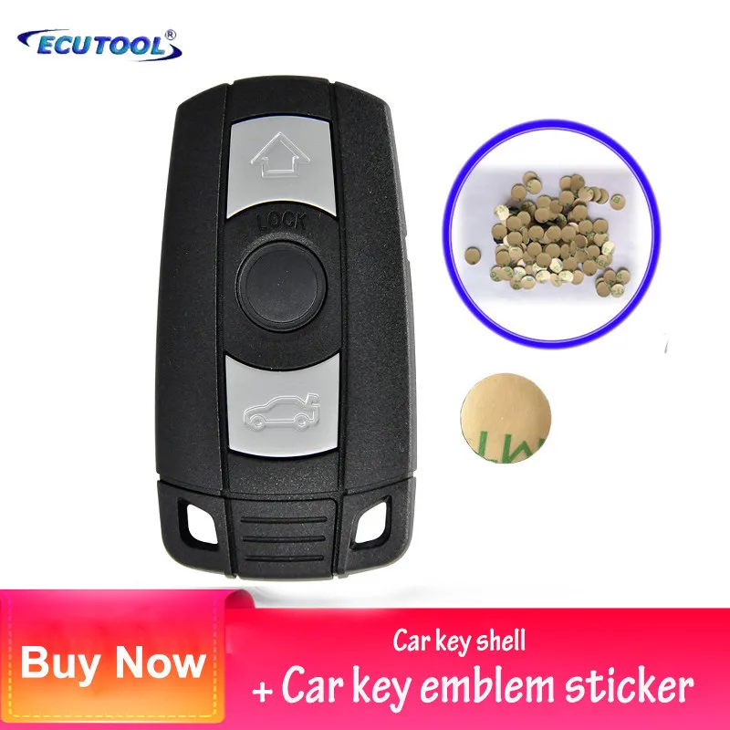 

ECUTOOL 10PCS Key Shell Case For BMW Remote + Metal Emblem Sticker 11MM Aluminum Round Logo For BMW 1 3 5 6 Series 3 Buttons