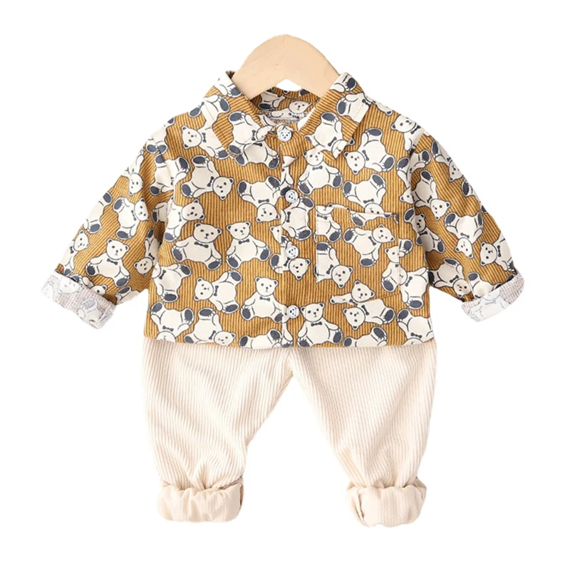 

2022 Весенняя повседневная одежда для малышей, комплекты одежды для маленьких мальчиков, Детская рубашка с мультяшным медведем и штаны, костю...