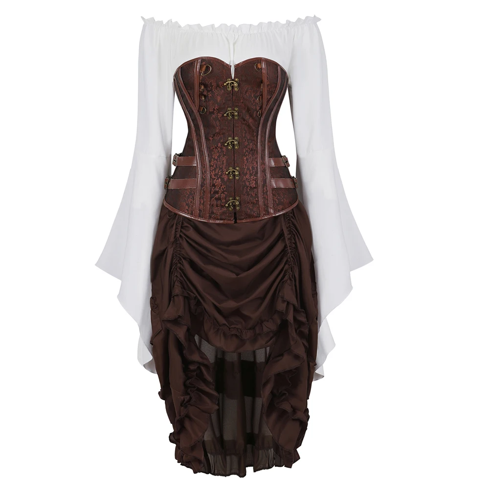 

Corsets Bustiers with Pirate Skirt and Blouse Steampunk Jacquard Faux Leather Corsetto 3 Piece Carnival Dance Party Costume
