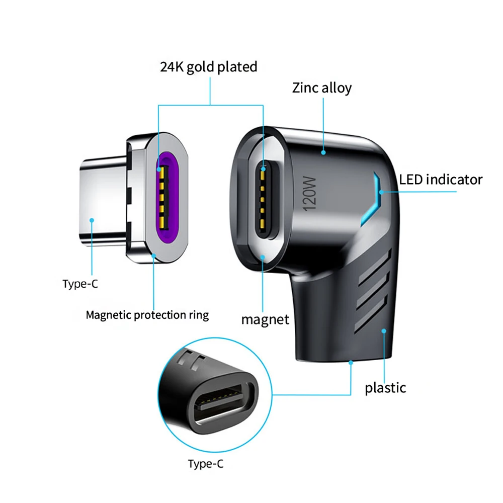 Фото Магнитный адаптер Elough с USB Type C на USB C, 120 Вт, магнитный конвертер с углом 90 градусов для быстрой зарядки для Macbook iPad Pro Switch Samsung №5