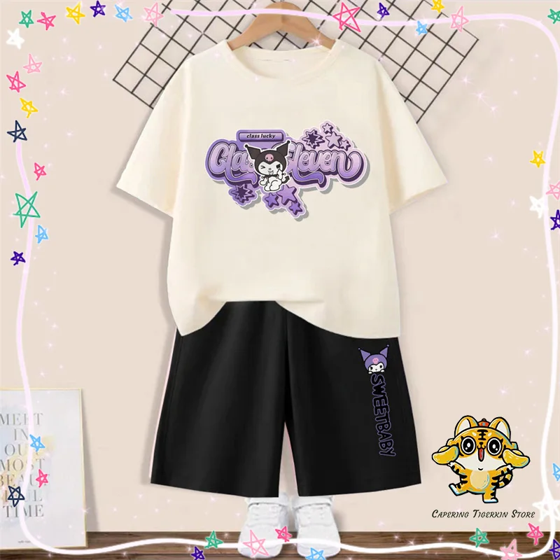 

Комплект из футболки и шортов Sanrio Kuromi Cinnamoroll Kawaii мультяшная Милая модная детская одежда из чистого хлопка летний подарок для детей