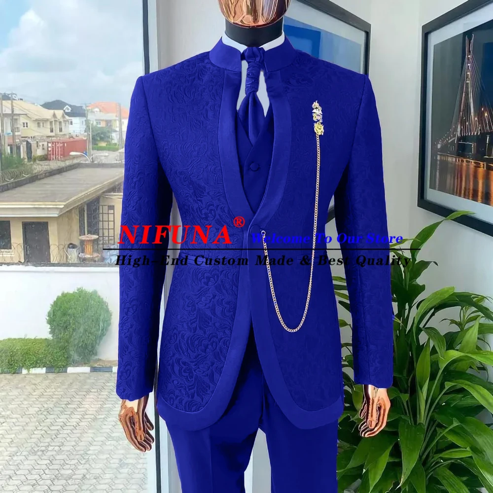 

2022 Elegant Male Suit Royal Blue Jacquard Slim Men Wedding Suits Groom Tuxedo Prom Party Evening Blazer Sets 3 Pcs Traje Hombre