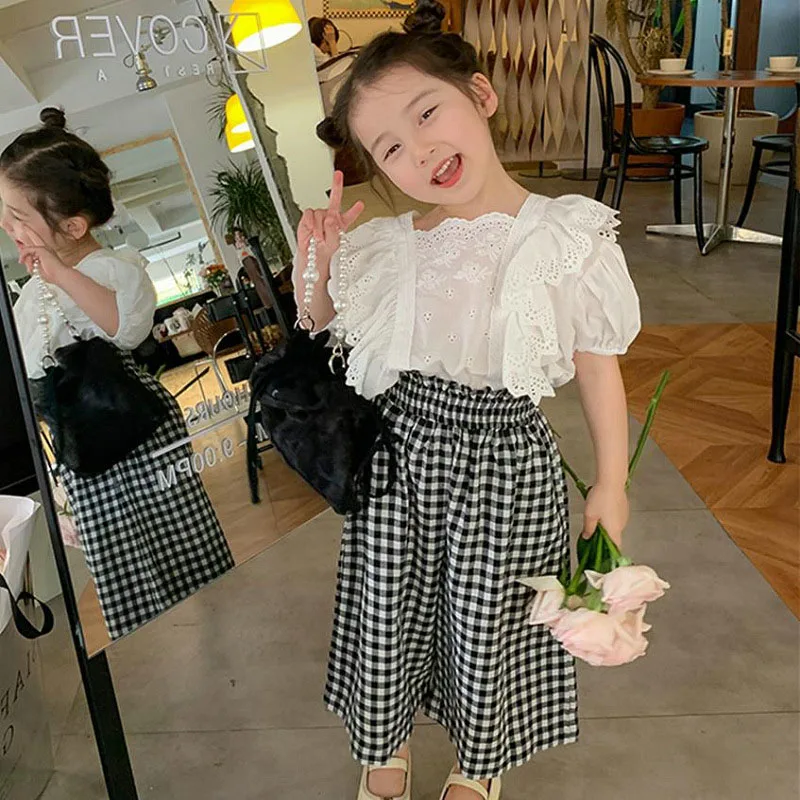 

Girls Clothes Set Summer Kids Lace Puff Sleeve White Shirt with Plaid High Waist Pants 2 Piece Suit 3-7 Years Children Outfits