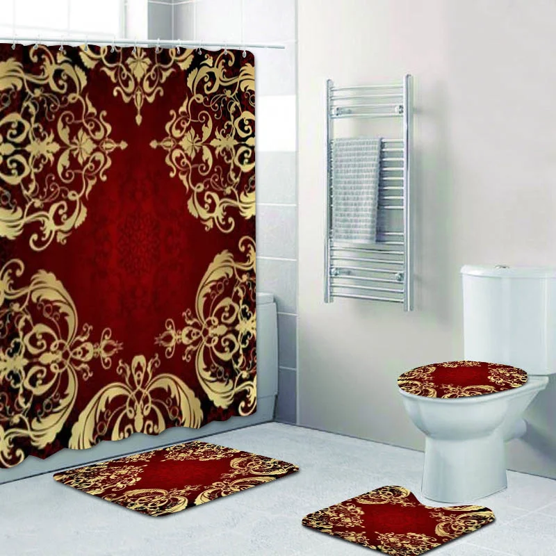 Викторианская красно-Золотая барочная Дамасская Цветочная душевая занавеска в