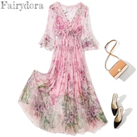 100 mulberry silk dresses for women flower v neck short sleeve ruffles shirring lace up floral printing a line midi dress