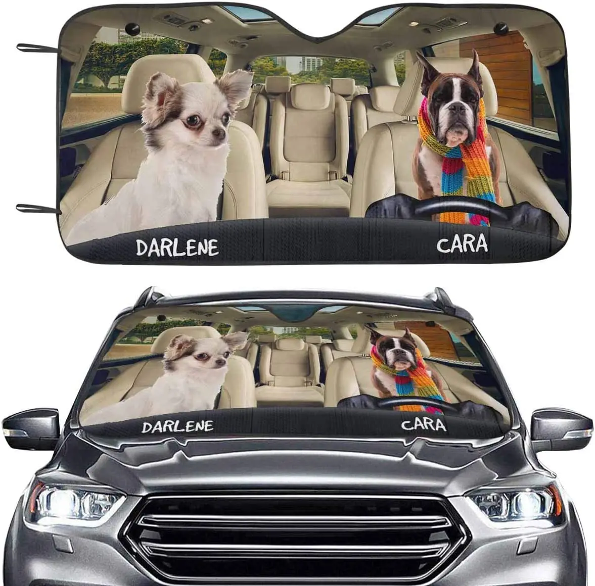 

Personalized Dog Car Windshield Shade Universal Keep Your Vehicle Cool Two Cute Dog Car Sunshades
