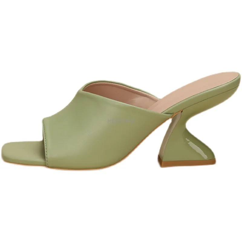 

2022 Women Mules Pink Slides Female Thick Block Heels Pumps Sandals Sexy Summer 8cm High Heels Luxury Peep Toe Black Shoes