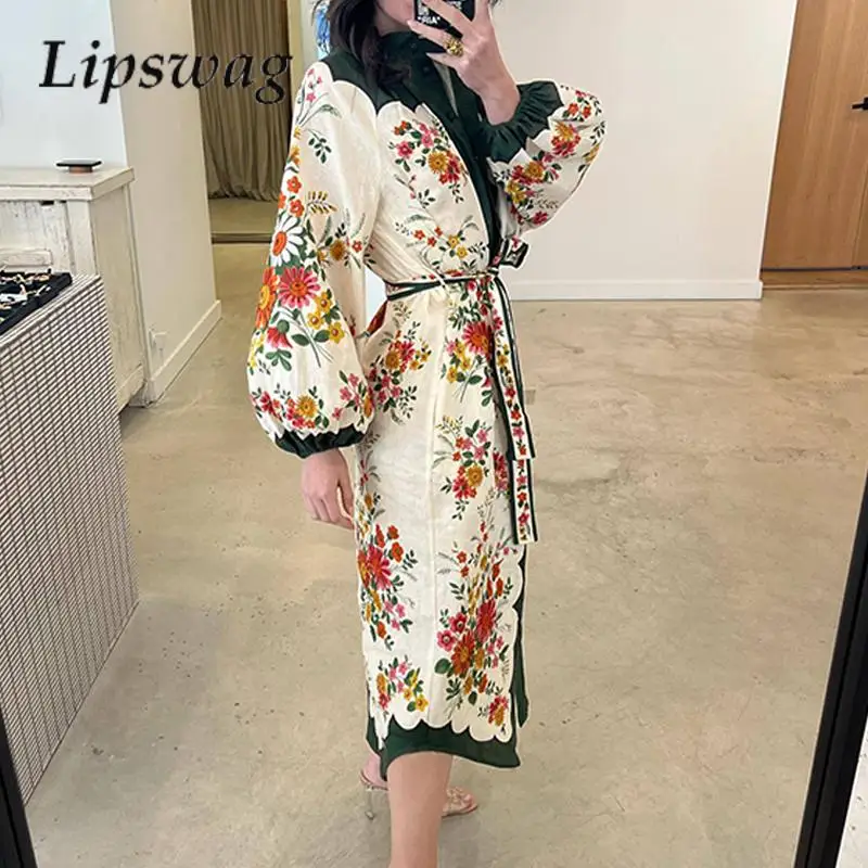 

2023 Elegant Printed Pattern Puff Sleeve Dress Women'S O-Neck Single-Breasted Slim Dating Dress Autumn Bohemian Lace-Up Dresses