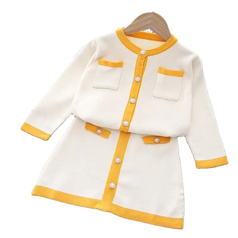 

2022 Autumn Winter Young Children Knitted Sweater Suit Ccardigan+Skirt 2Pcs Kid Clothes For 2-6 Years