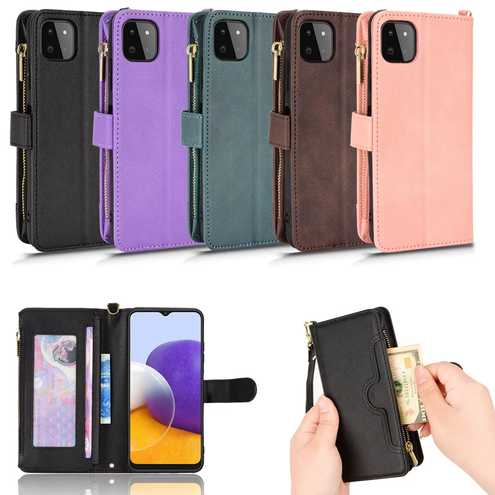 

Роскошный кожаный чехол-кошелек на молнии с несколькими отделениями для карт для Samsung Galaxy A22, чехол-подставка для телефона