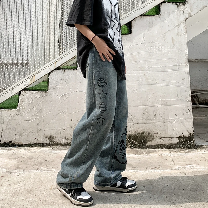 Men's Jeans Ins American Fashion Fun Printing Loose Straight Jeans Y2k Korean Version Fashion Street Jeans Ins Hot Sale Casual