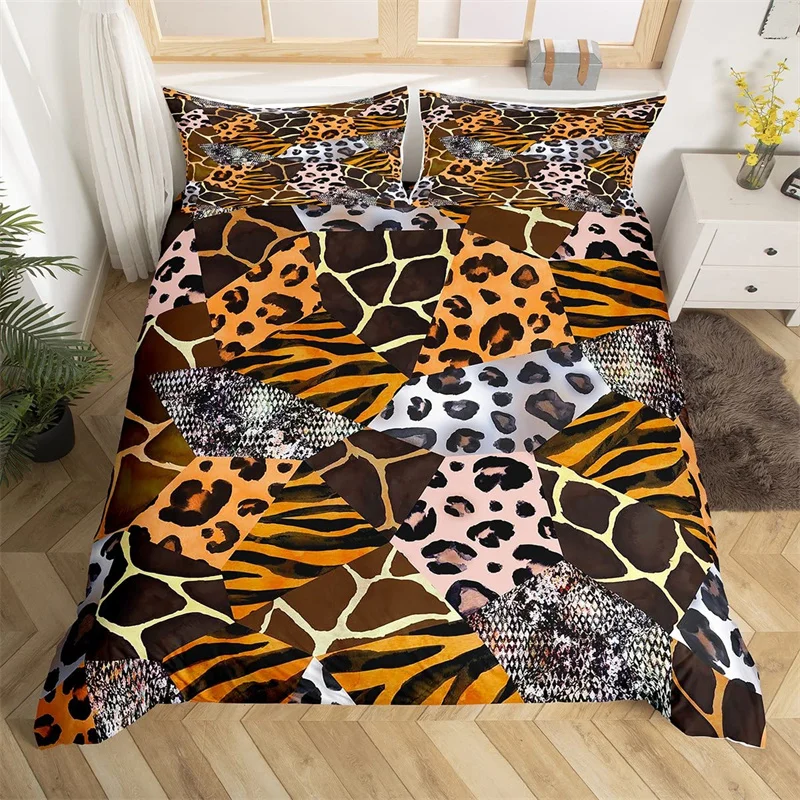 

Leopard Cheetah Comforter Cover Twin Zebra Snake Giraffe Animal Skin Print Duvet Cover Abstract Geometric Patchwork Bedding Set