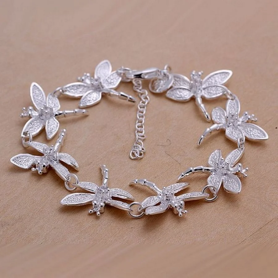 

High Quality Fashion 925 Sterling Silver Bracelets Chain Jewelry Creative Inlaid Stone Dragonfly Lady for Women Party Gift 20cm