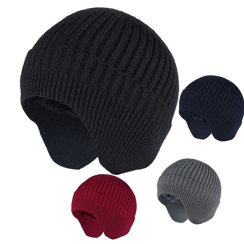 

Winter Fleece Hats for Men's Wool Ear Protection Caps Cycling Windproof Caps For Outdoor Autumn Winter Elastic Ski Knitted Hats