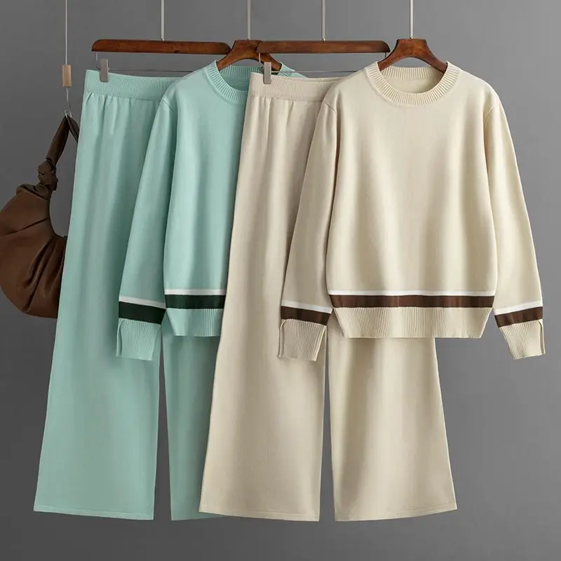 Женский спортивный костюм в полоску теплый свитер и брюки с широкими штанинами