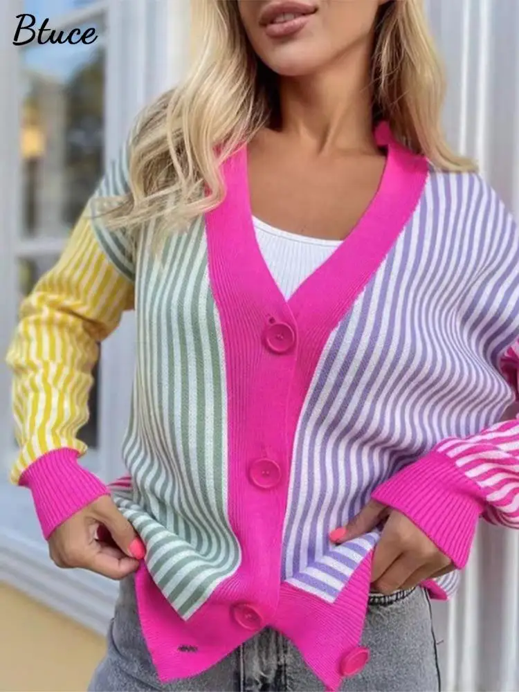 

Women's Contrasting Vertical Stripes Cardigan V-neck Oversize Buttons Jacket 2022 Autumn Winter Warm Knitted Sweaters For Ladies