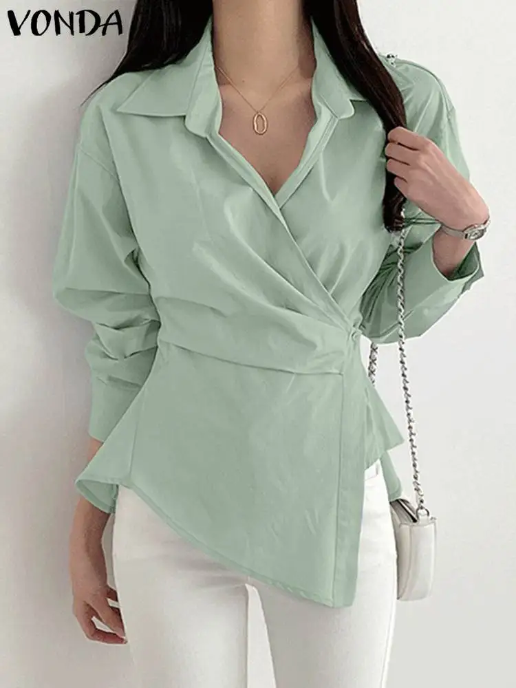 

Fashion Asymmetrical Blouses VONDA Women Long Sleeve Tops Casual Solid Color Tunic Shirts 2023 Summer Bandage Buttons Blusas