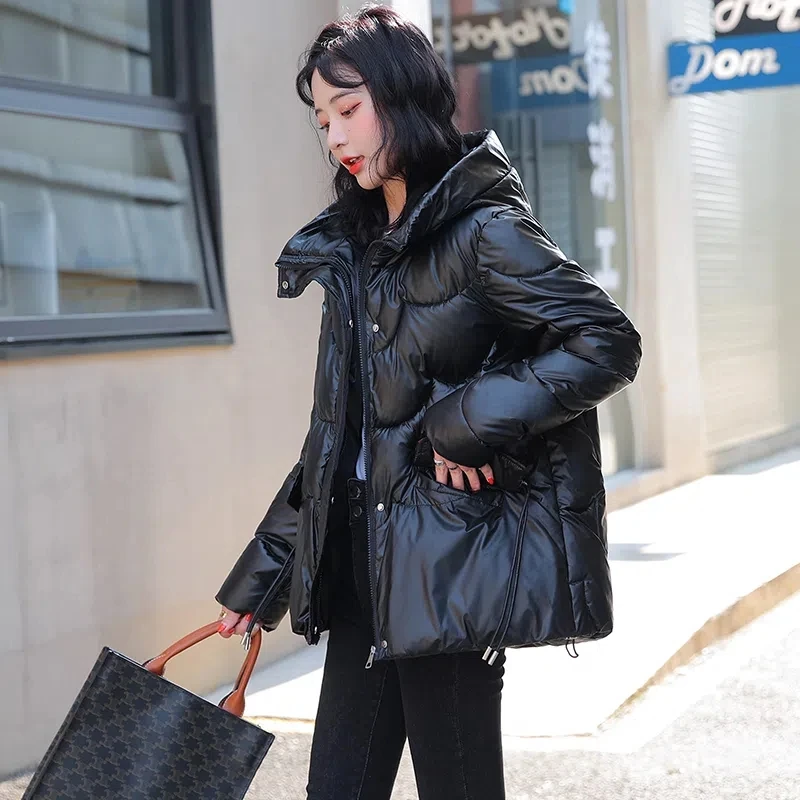 Hooded Loose Cotton Padded Puffer Jacket Winter Warm Thicken Women Short Parkas Korean Glossy Long Sleeve Windproof Outwear