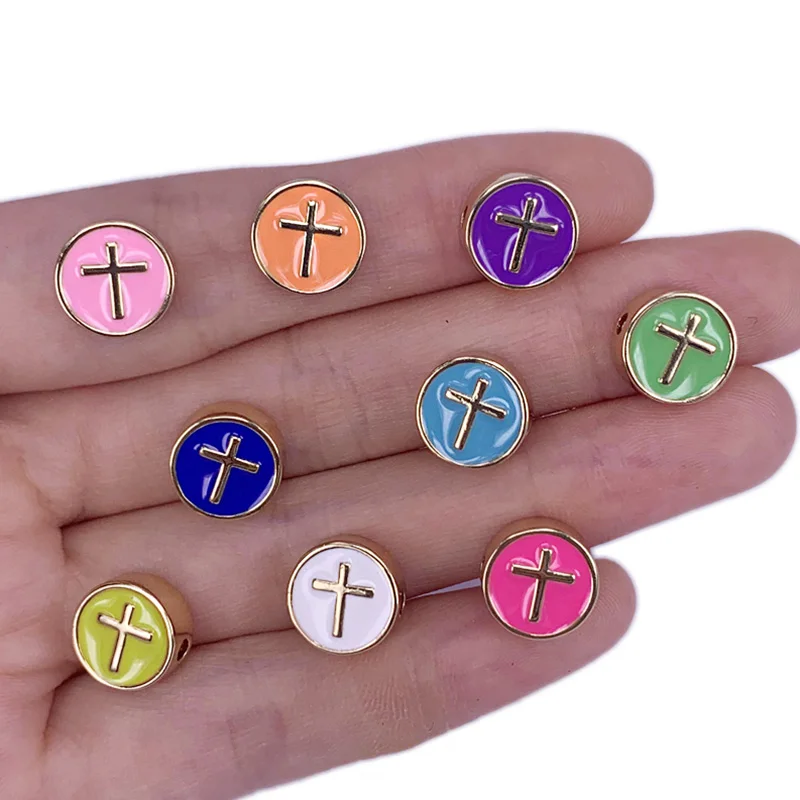 

Neon Charm Gilded Round Jesus Cross Beads Drip Oil Enamel Piercings Coin Boho Vintage Bracelet Necklace Jewelry Accessories