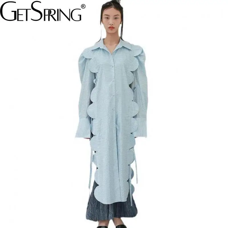 

Getspring Women Blouse Puff Sleeve Irregular Long Women Plaid Blouse Shirt Long Sleeve Split Asymmetry Stripe Female Blouses