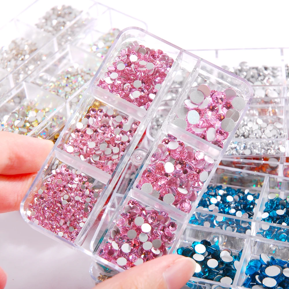 

6 Grid/Box 2-5mm Multi Sizes Flatback Round Non Hotfix Glass Crystal Rhinestones For DIY Nail Art/Handicrafts Home Accessories