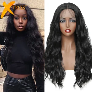 Парик из X-TRESS синтетических волос черного цвета, длинные натуральные волны, свободные участки, парик для женщин, термостойкий мягкий Повседневный парик