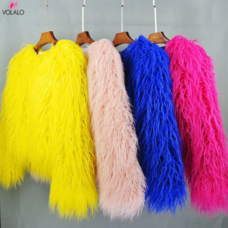 

VOLALO Women's Fur Coat Colorful Furry Pink Lamb Wool Faux Fur Coat Female Shaggy Sheepskin Coat Winter Artificial Fur Jacket