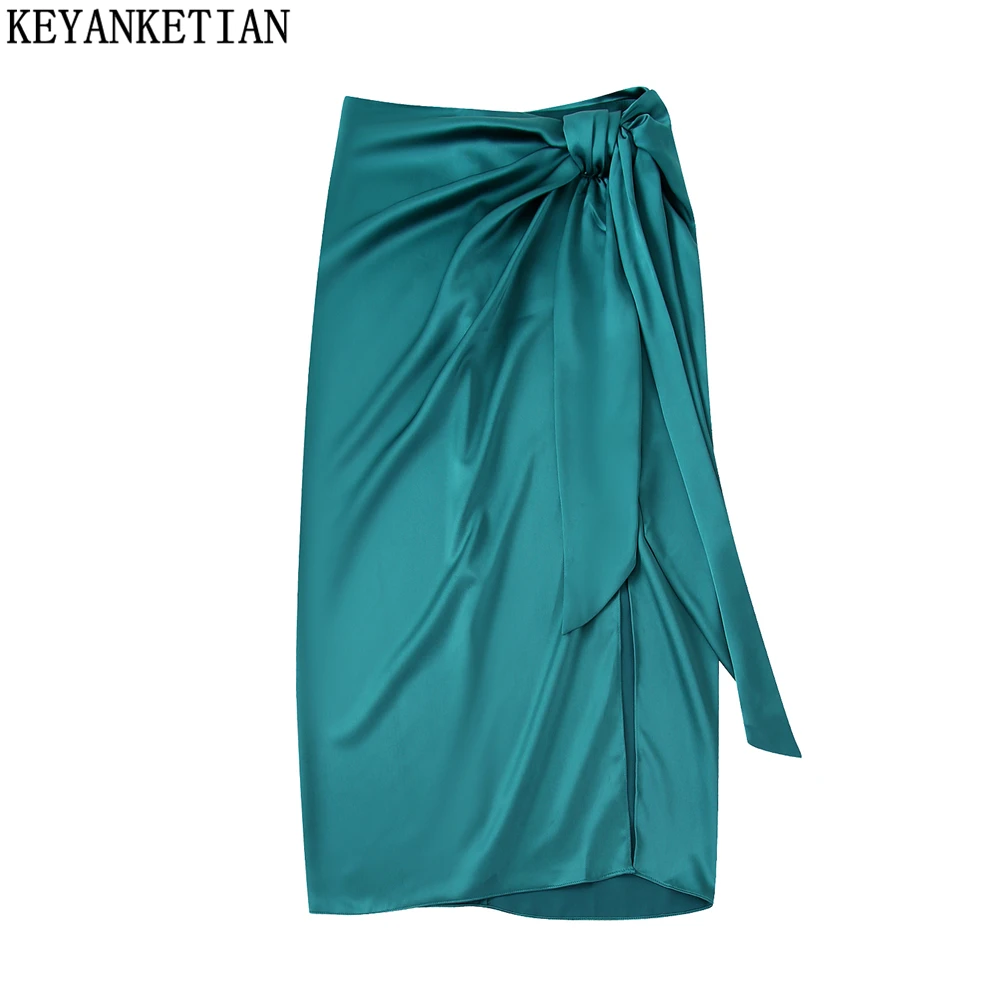 

KEYANKETIAN women's knotted silk satin textured midi skirt autumn new elegant temperament zipper high waist slit skirt long skir