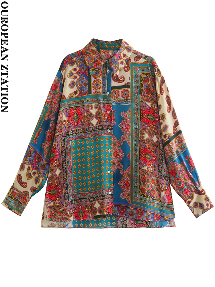 

PAILETE women 2022 fashion patchwork print satin shirts vintage long sleeve button-up female blouses blusas chic tops