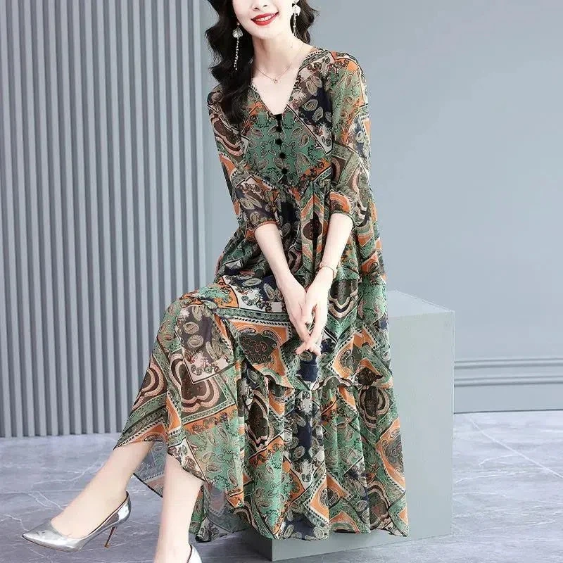 

Vintage Elegant Floral Printing Button Chiffon Long Dress Summer 2023 Casual Half Sleeve V-Neck Loose Midi Dress Ladies Clothing