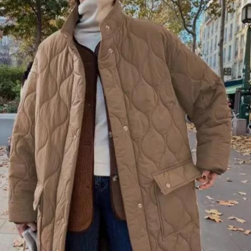 Loose Warm Parkas Coat Women Casual Solid Stand Collar Mid-length Thickened Padded Jackets2022 Autumn Winter Chic Overcoat Lady