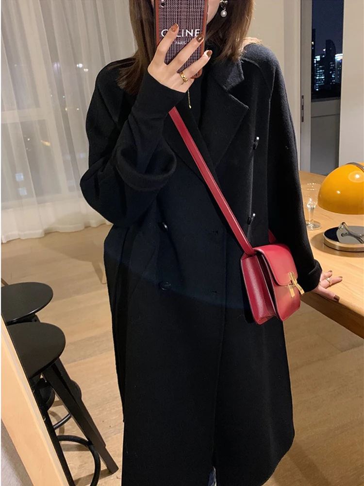 Черное двустороннее кашемировое пальто женское Новое поступление 2024 маленькое