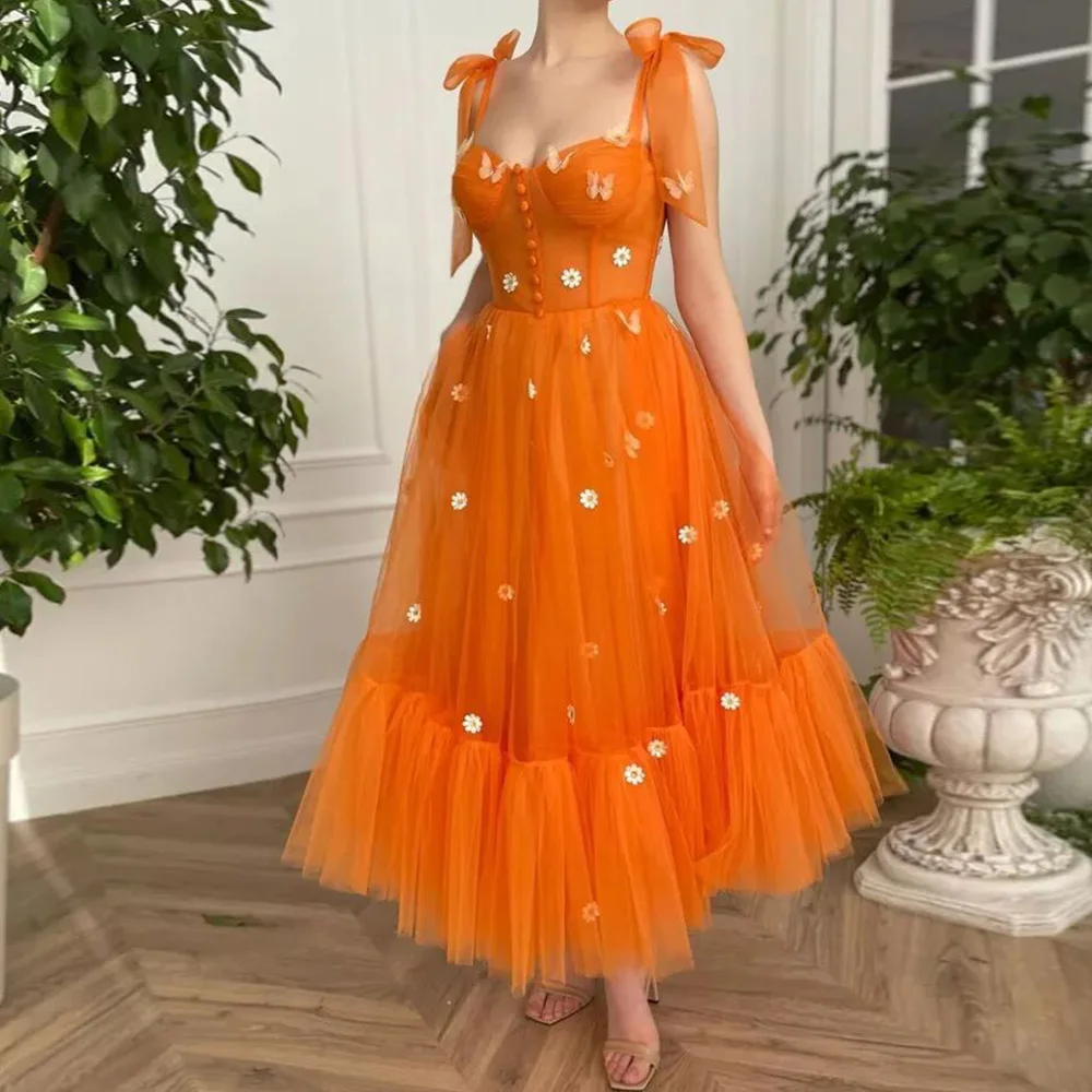 JEHETH Pastrol 3D Daisies Tulle Prom Party Dress Illusion Spaghetti Strap A-line Orange Evening Graduation Gown Ankle Length