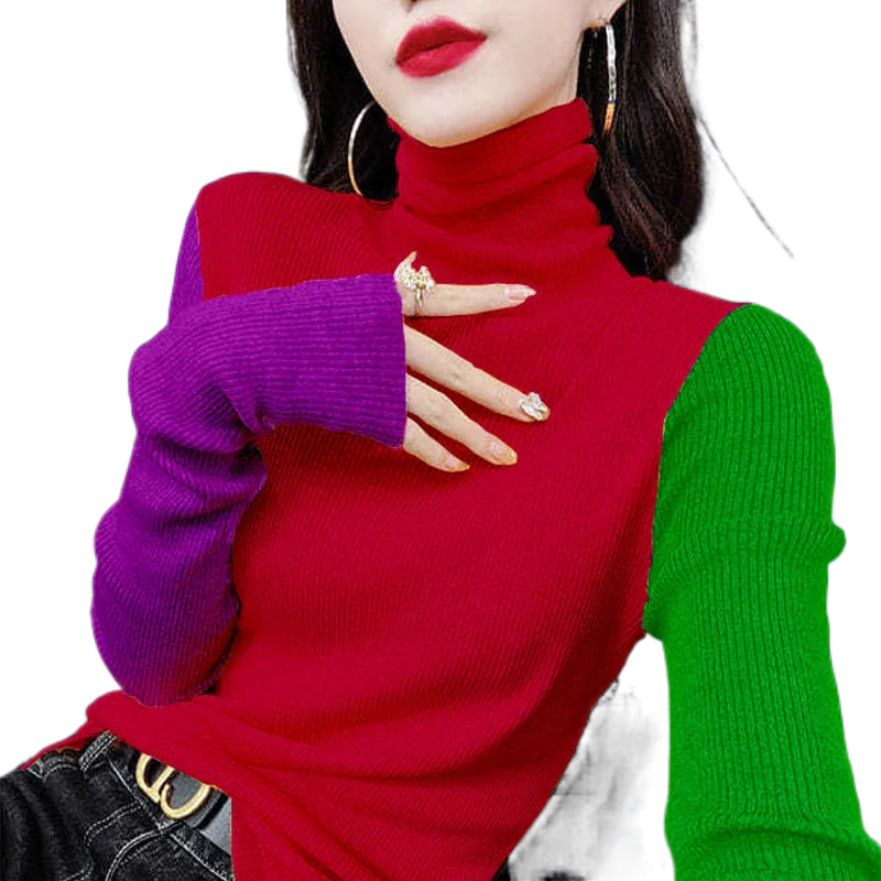 

Autumn and Winter Western-style Color-matching Knitted Base Shirt Women's Slim-fit High-collar Age-reducing Long-sleeved Sweater