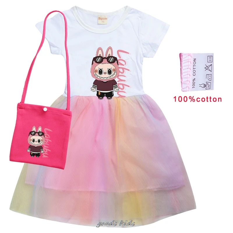 Фото Newest Labubu Costume Kids Summer Short Sleeve Pretty Dress And Bag Baby Girls Dresses Children Vistidos Toddler Best Gift 1~7Y №2