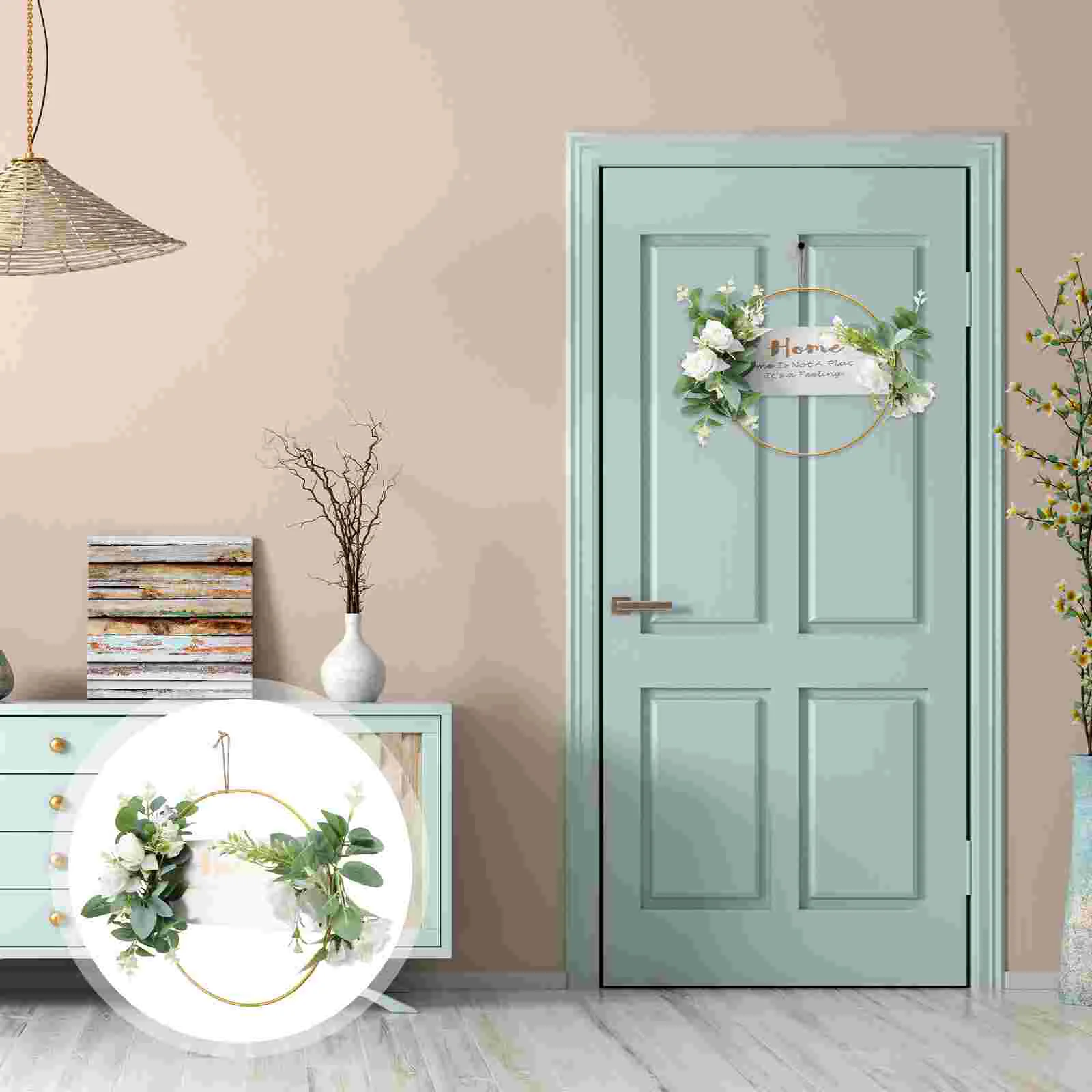 

Wood Door Welcome Sign Wall Art Flower Garland Ornament Housewarming Gift