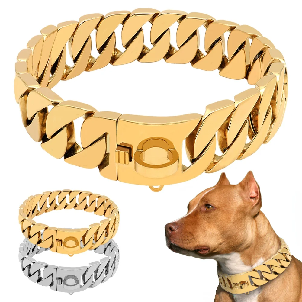 

Strong Metal Dog Chain Collars Stainless Steel Pet Training Choke Collar For Large Dogs Pitbull Bulldog Silver Gold Show Collar