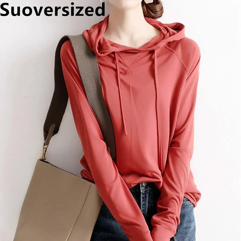 

Women's Thin Vintage Simple Hoodies Spring Fall New Casual Loose Solid All Match Pullover Korean Chic Long Sleeve Sweatshirts