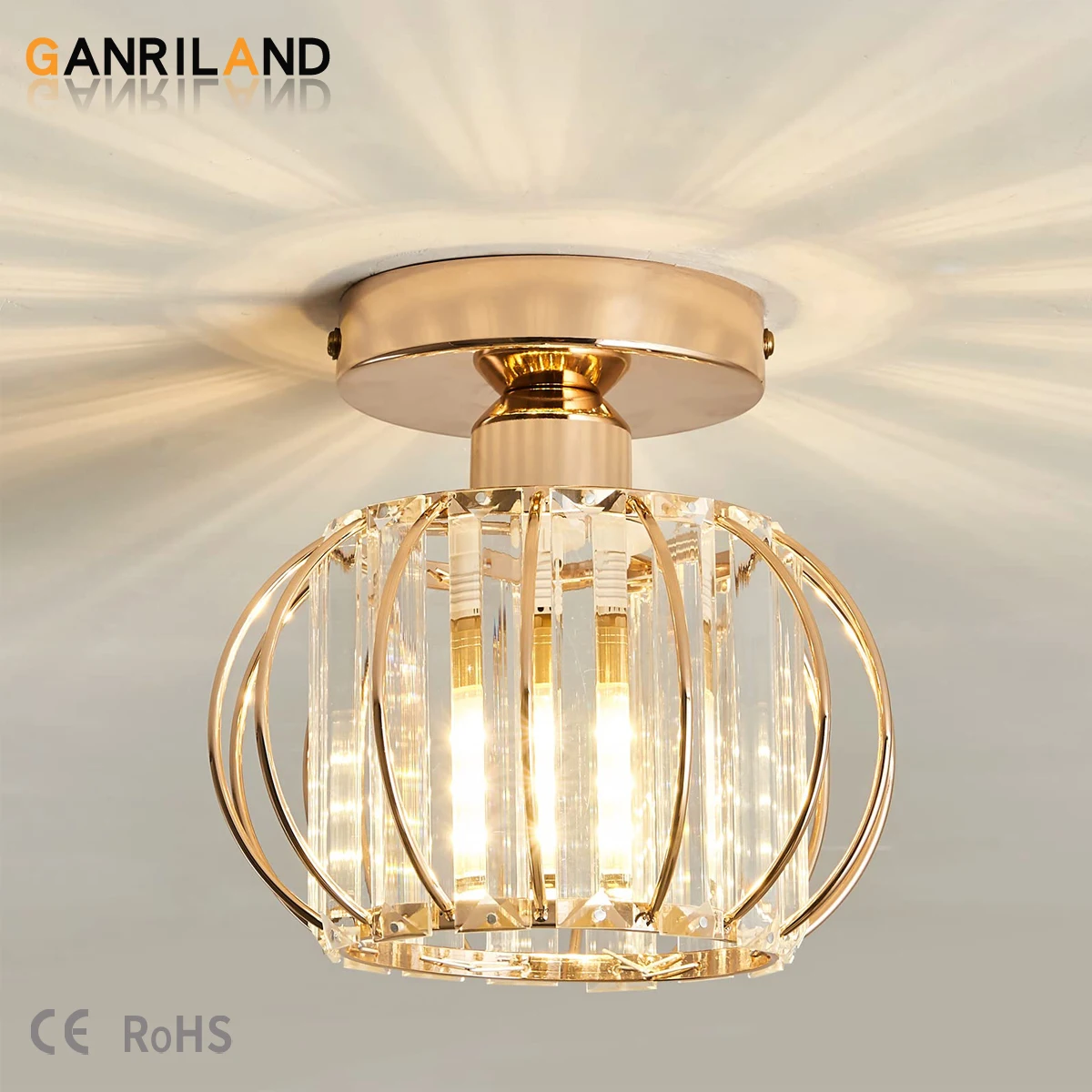 

GANRILAND Crystal Semi Flush Mount Ceiling Light Fixture E26 E27 Modern Glod Black Chandeliers Indoor Lamp Lighting For Hallway