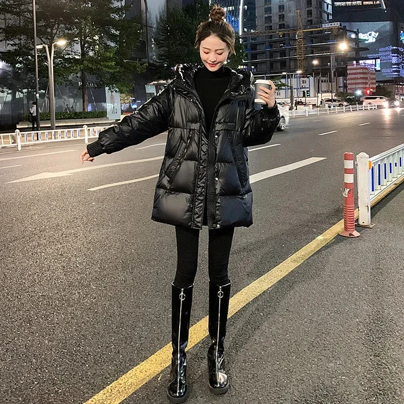 

2022 Winter Women Jacket Warm Parkas Female Thicken Coat Glossy Cotton Padded Mid Long Hooded Outwear Loose Women Snow Jacket