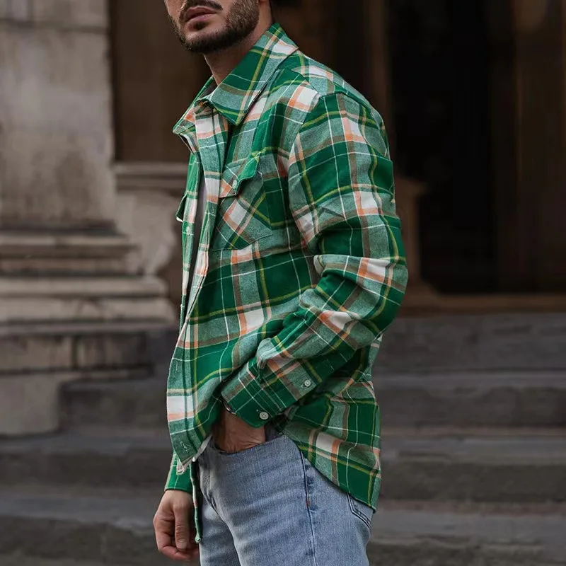 Men's Shirt Top Spring Autumn Plaid Pocket Stitching Shirt Women Casual Long Sleeve Single-Breasted Turn-down Collar Loose Shirt