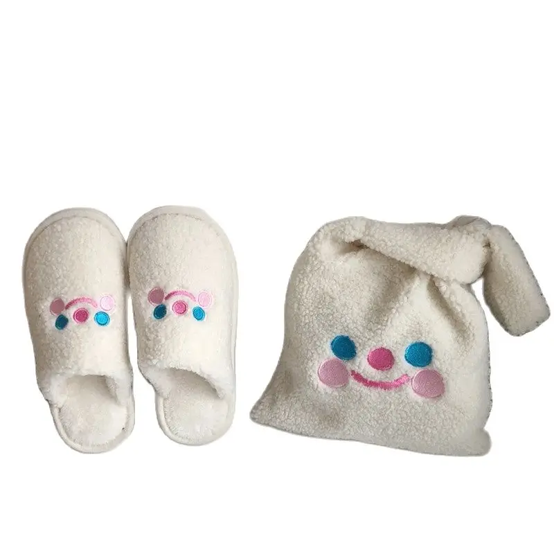 

fashion winter cartoon handbags plush shoulder bag cute clown embroidery hand bag women white color ladies bag tote