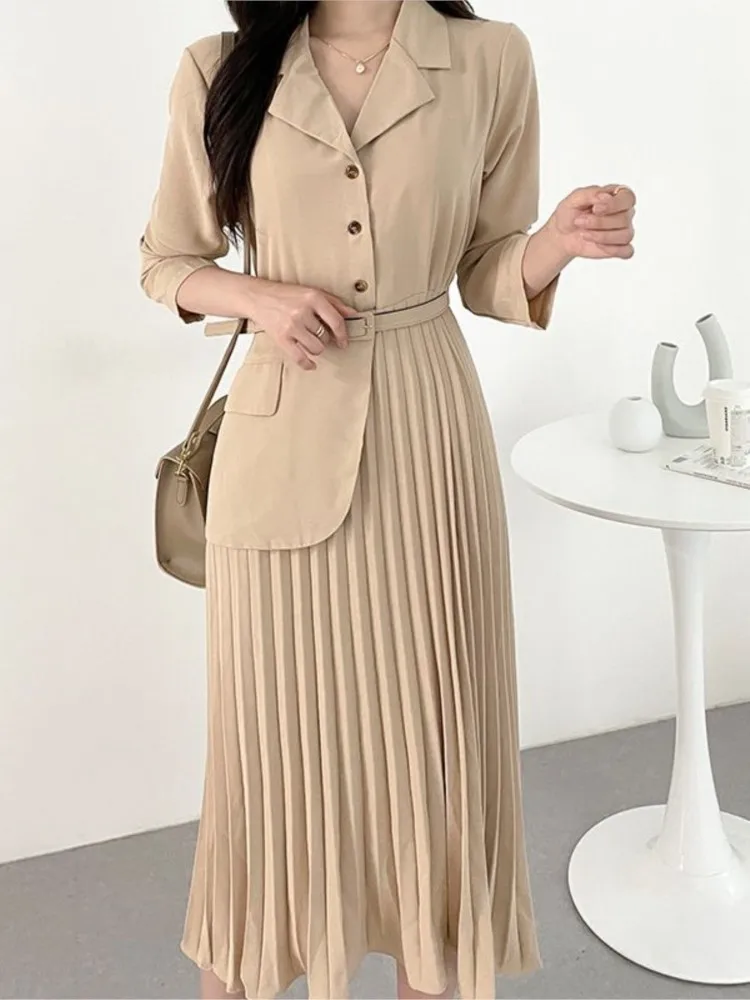 

2022 Spring New Women Long Sleeve Blazer Pleated A-line Midi Dress With Belt Office Lady Elegant Female Clothes Vestidos