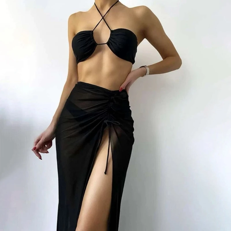 

Womens Backless Swimsuit Ladies 3 Pieces Bathing Suit Solid Color Halter Bikinis Set with Slit Beach-Skirt for Beachwear
