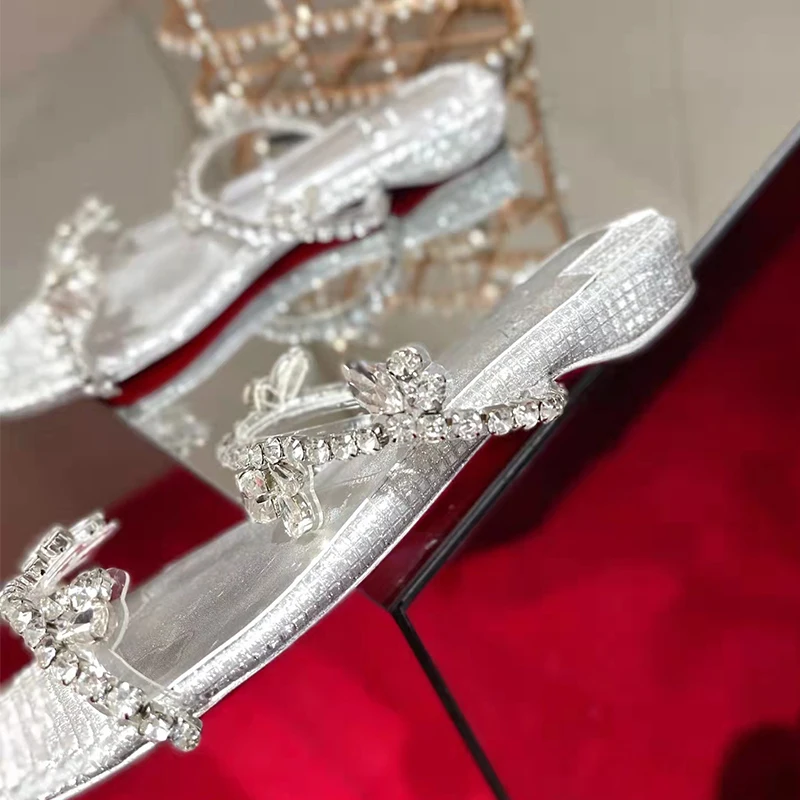 Silver Rhinestone Flat-bottomed Drag Women's Summer Low-heeled Sandals 2023 New Open-toe One-word Sandals