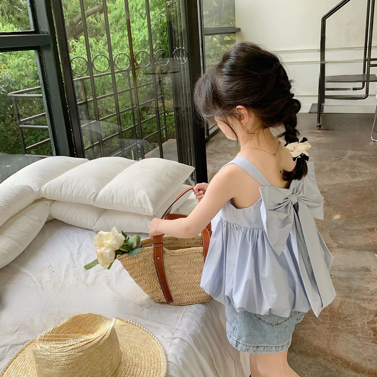 

2023 Summer Kids Shirt for Girls Solid Sleeveless Big Bow Girls Blouses Girls Tops Sweet Children Clothes 1-8Y Girl
